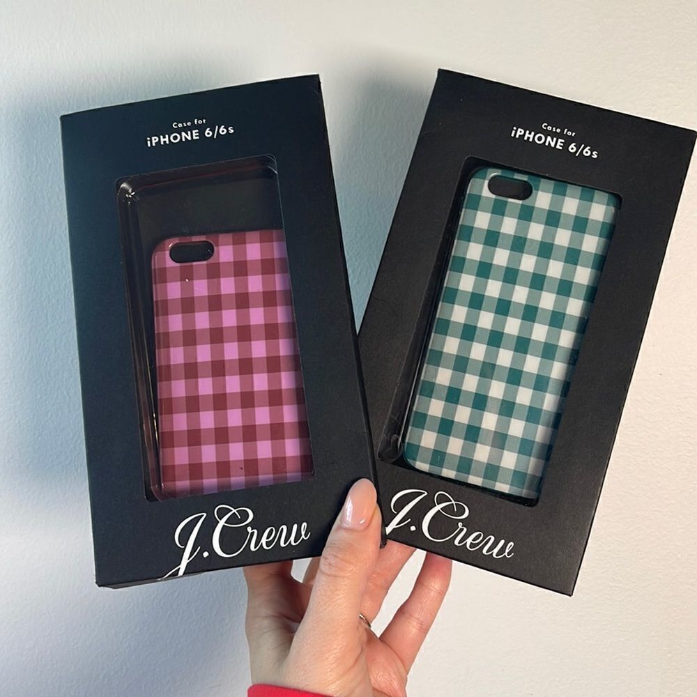 NWT (2) J.Crew Gingham Teal / Raspberry Checkered 6/6s iPhone Case $32 x 2